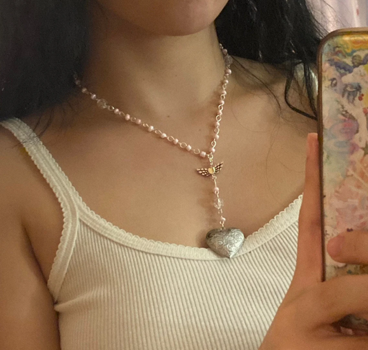 Handmade Pink Heart Locket Rosary Style Necklace